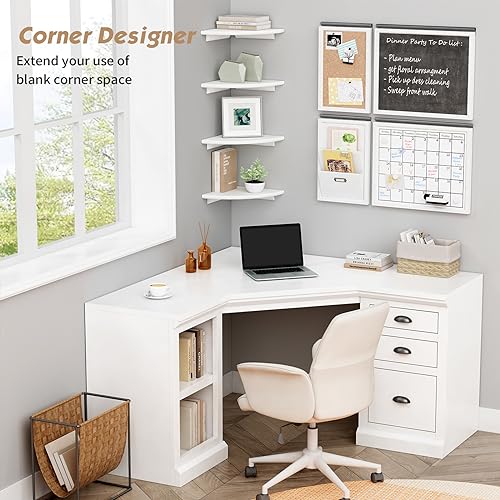 White Corner Floating Shelves, 10-Inch Wall Mounted Wood Shelving Set of 4