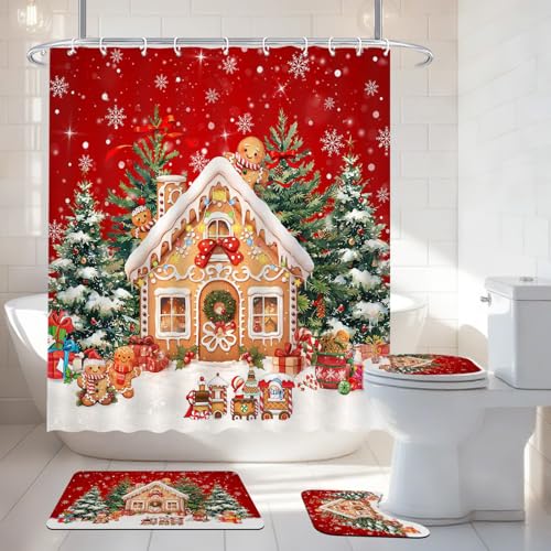 Christmas Gingerbread House Shower Curtain Set with Non-Slip Rugs - Bathroom Decor