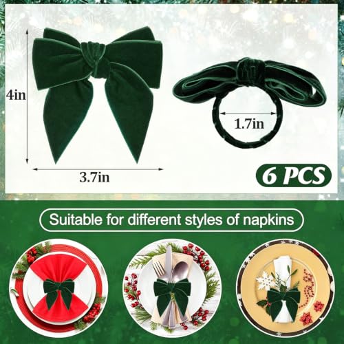 ANPHSIN Green Velvet Bow Christmas Napkin Rings Set of 6 Holiday Table Decorations