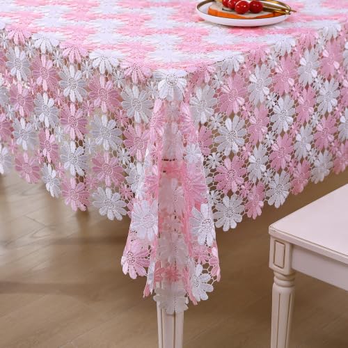 Pink Crochet Tablecloth 60x60 inches Farmhouse Floral Lace Cover for Round or Square Table - Pink-White