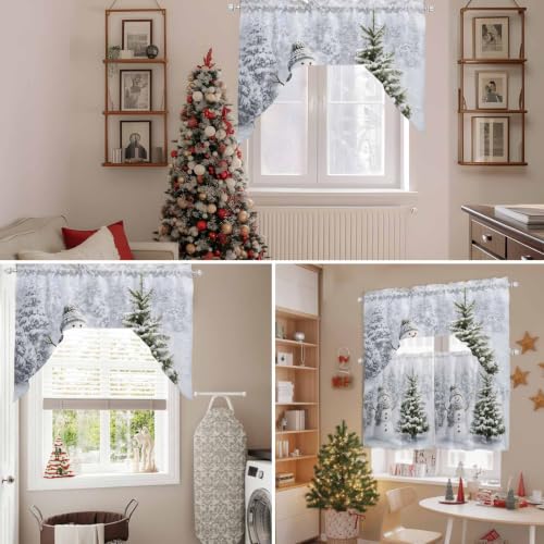 Christmas Kitchen Curtain and Valance Set 3 Pieces - Grey Snowman & Pine Tree Short Tier Curtains, 27.5"W x 24"L, Variations of THIS listing