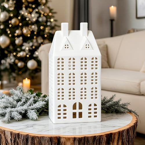 Light-Up White Ceramic Christmas Village House - LED Tabletop Decor