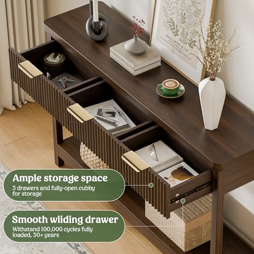 51-Inch Fluted Console Table with 3 Drawers and Open Storage Shelf