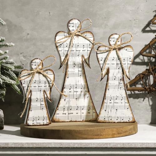 Treory Rustic 3Pcs Angel Decor Set – Christmas Carols Wooden Nativity Ornaments