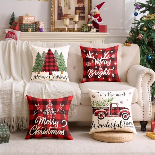 YOSICHY Set of 4 Buffalo Plaid Christmas Pillow Covers 16x16 Inches - Farmhouse Holiday Decor
