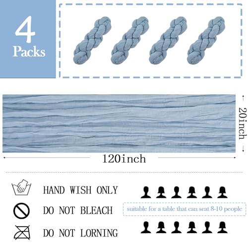 4-Pack Dusty Blue Cheesecloth Table Runners, 20 x 120 Inch Gauze Boho Decor