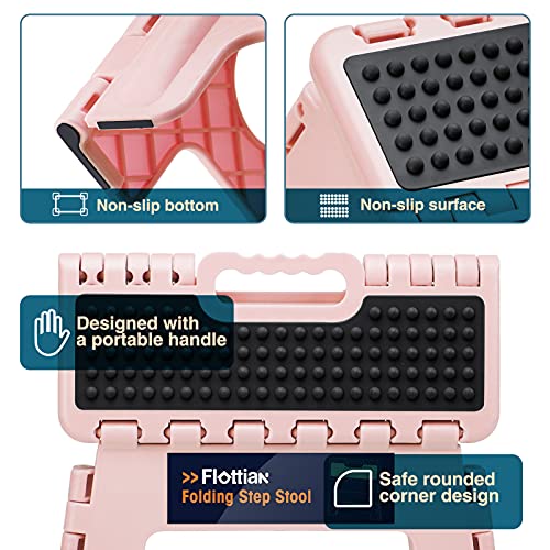 9 Inch Folding Step Stool with Handle - Non-Slip Plastic Stool (Pink)