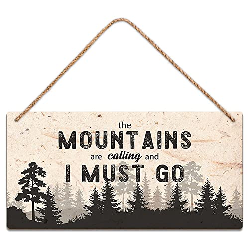 The Mountains Are Calling Wood Sign, 10x5 Inch Rustic Wall Hanging Plaque