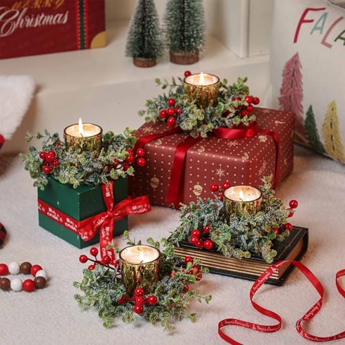 Christmas Candle Ring Wreaths with Votive Candles - Set of 4 Centerpieces