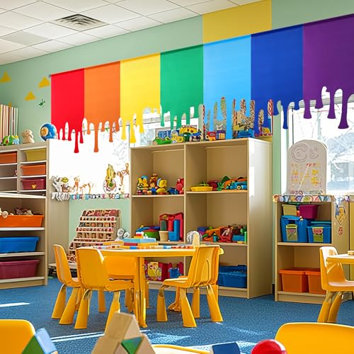 Rainbow Paint Drip Curtains, 7-Piece Colorful Classroom Window Drapes