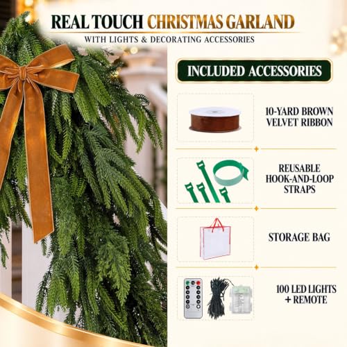 Deckit 15ft Christmas Garland with 100 LED Lights, Real-Touch PE Norfolk Pine & Cedar