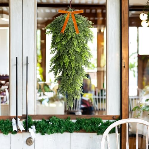 27-Inch Artificial Cedar Christmas Teardrop Swag with Bow for Front Door