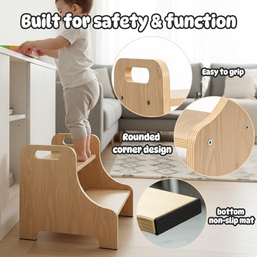 2-Step Toddler Stool with Handles - Wooden Kitchen Helper & Potty Stool