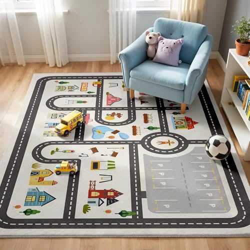 Kids Town Road Play Rug, 5x7 Ft Faux Wool Interactive Car Map for Playroom
