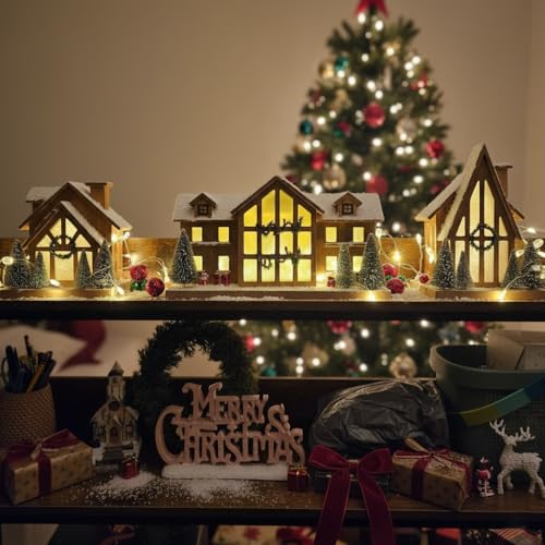Christmas Wooden Snow Scene Village Lamp - Rustic Ski Lodge with Timer - HOMirable