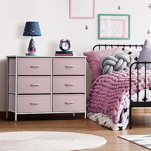 6-Drawer Fabric Dresser with Wood Top, Pink Storage Chest for Bedroom