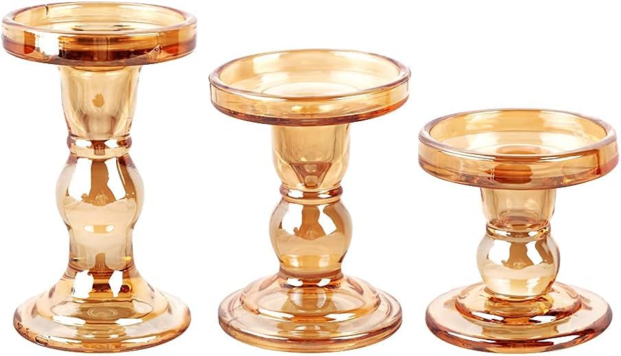 Skiennix 3-Piece Glass Candlestick Set - Elegant Crystal Holders for Weddings & Christmas | 7 Colors Available