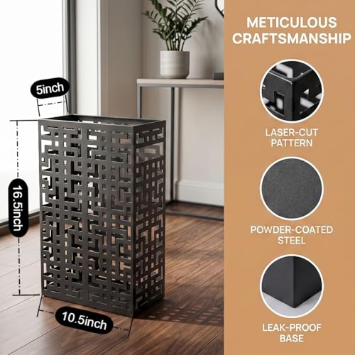 Metal Umbrella Stand for Entryway - Modern Hollow Storage Bin, Black