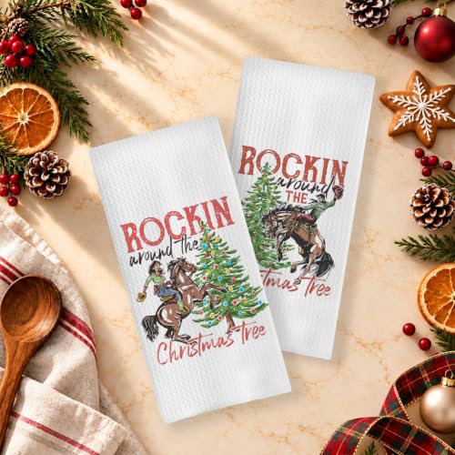 Western Christmas Kitchen Towels - Tree Hand Towels for Bathroom, Cowgirl Cowboy Decor, 16x24 (Set of 2) Santa-13