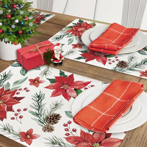 Christmas Poinsettia Placemats Set of 4 - Holiday Red Flower Table Decor
