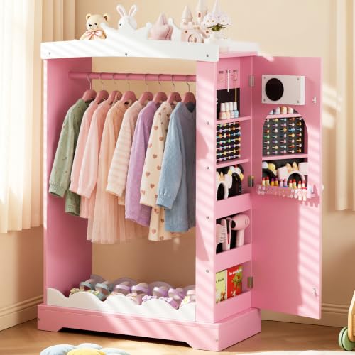 Kids Dress Up Wardrobe with Light-Up Mirror and Jewelry Storage - Pink