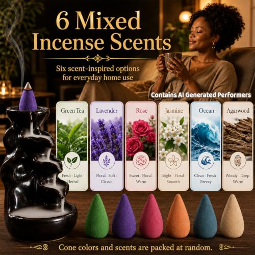 108-Piece Backflow Incense Cones Set - 6 Fragrances for Waterfall Burners