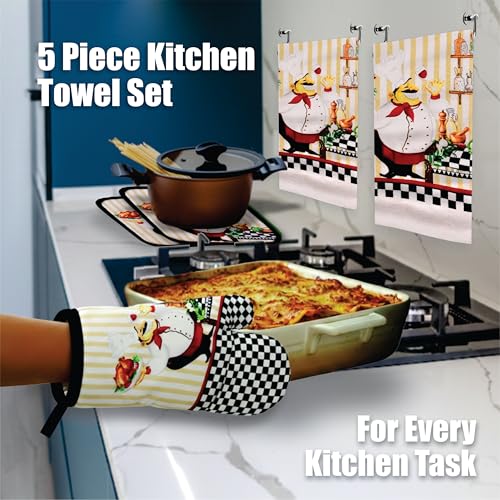 5-Piece Chef Design Kitchen Linen Set with Towels, Oven Mitt and Potholders