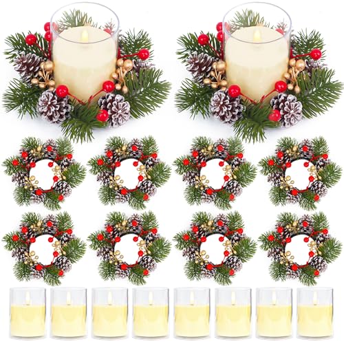 Acmee 8 Sets Christmas Candle Rings with Flameless Candles – 16pcs LED Wreath Centerpieces
