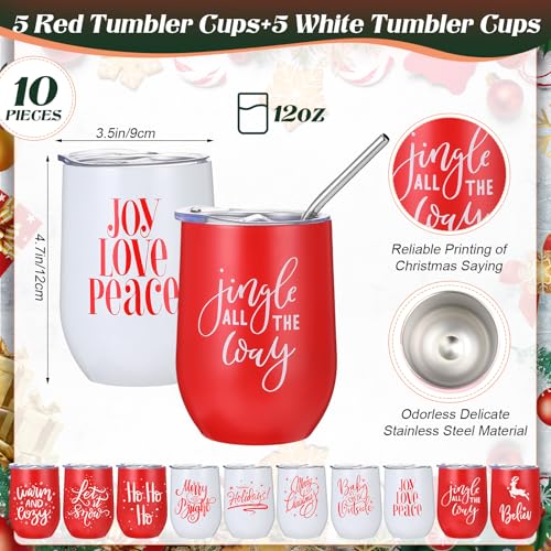 Uiifan Red White 10 Pack Christmas Tumblers 12oz Insulated Travel Cups with Straw & Lid