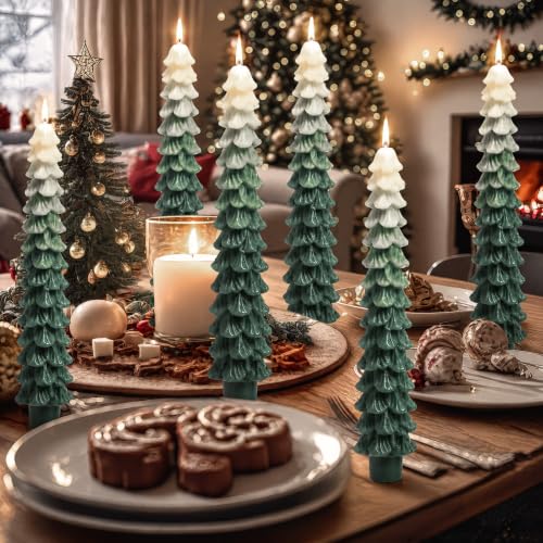 Funtery 6-Pack 10 Inch Layered Christmas Tree Candles in Forest Green Ombre - Real Wax