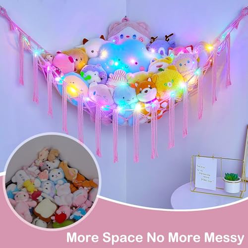 Stuffed Animal Hammock with LED Lights, Large Corner Toy Storage Net
