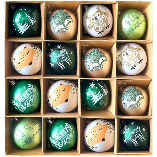 16ct Green Christmas Ball Ornaments Set with Gift Box – Shatterproof Forest Animal Theme, 2.4”