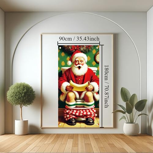 Funny Santa Bathroom Door Cover 71 x 35 in—Naughty List Scroll Christmas Banner for Xmas Party