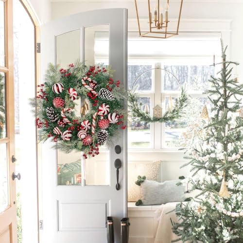 Red 24-Inch Christmas Door Wreath with Candy Canes Pinecones Berries - Indoor & Outdoor Decor