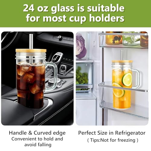 24oz Glass Tumbler with Handle, Bamboo Lid and Stainless Steel Straw