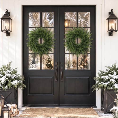 Worthyeah 24" Silver Cedar Christmas Wreath for Front Door - Lush Real-Touch Decor