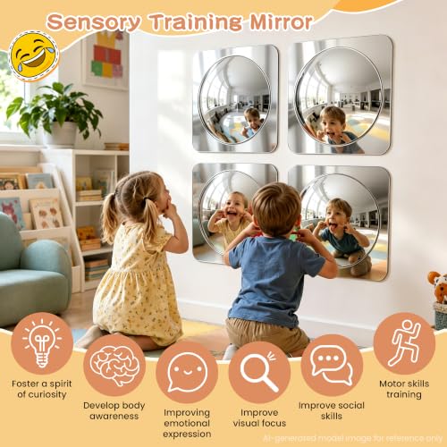 4-Piece Sensory Bubble Mirror Set, 10x10 Inch Shatter-Resistant Wall Tiles