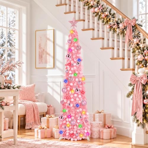 Pink 5ft Collapsible Christmas Tree with Lights, 30 Ornaments & Star Topper - Holiday Decor