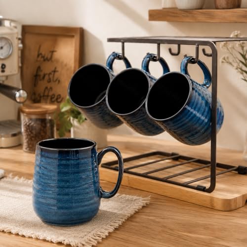 HASENSE Navy Coffee Mugs Set of 4, 15oz Porcelain Cups with Handle, Microwave Safe