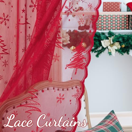 KYMRose 52x95 Inch Christmas Lace Curtains 2 Panels Red Tree Weave Rod Pocket