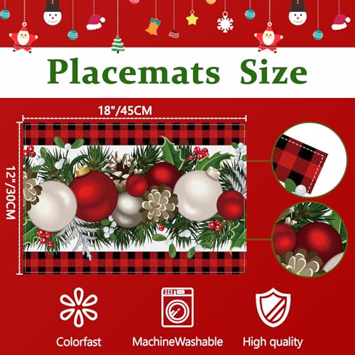 Bloss Red Christmas Placemats Set of 8 - 12x18 Inch Buffalo Check Holiday Table Decor