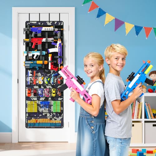Over-the-Door Toy Gun Organizer with Pockets & Straps, Camouflage
