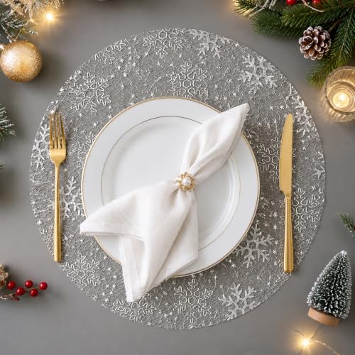 Silver Winter Snowflake Placemats 25-Pack, Disposable Mesh Round Mats