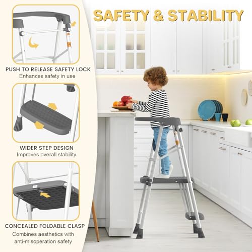 Foldable Toddler Tower Step Stool with Safety Railing, Gray Kitchen Helper