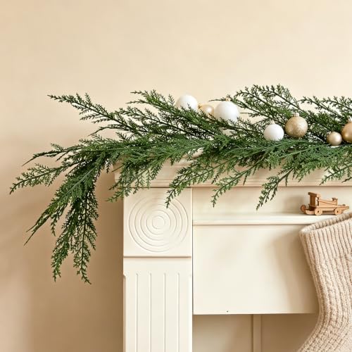 FAJUNZH 6FT Forest Green Cedar Garland with Layered Dimension - Soft Touch Greenery, Wired Branches, Realistic Holiday Decor