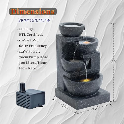 29-Inch 4-Tier Cascading Water Fountain with LED Lights for Patio and Garden