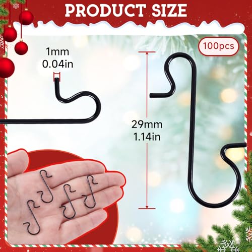 100 Pack Black Metal Christmas Ornament Hooks - Small S-Shaped Hangers