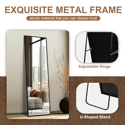 Full Length Floor Mirror with Stand - 56x15 Inch Black Aluminum Frame
