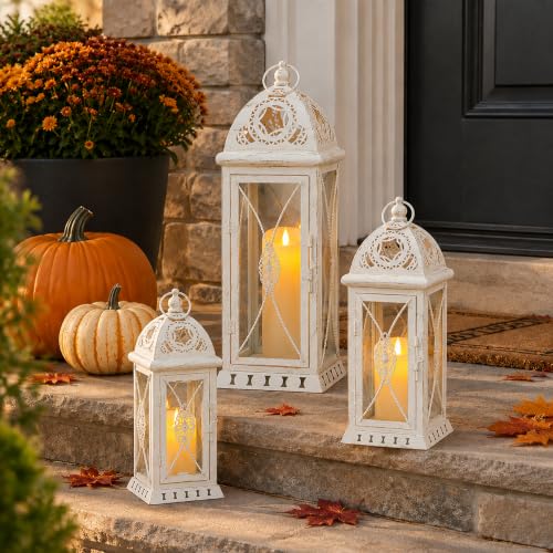 TRIROCKS Beige with Gold Brush 3-Set Large Decorative Candle Lanterns (22, 16, 11 in) for Indoor Outdoor