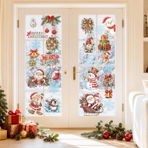 Traditional Christmas Window Clings Set - 28 Reusable Static Holiday Decals with Santa, Snowman & Reindeer - Double-Sided Xmas Decorations